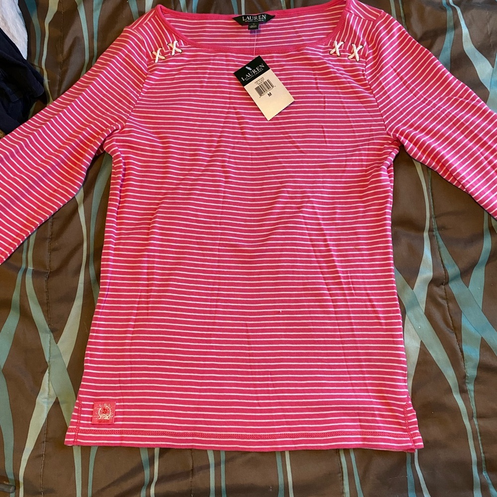 Lauren Ralf Lauren, Pink and white stripped long sleeve shirt- WITH TAGS